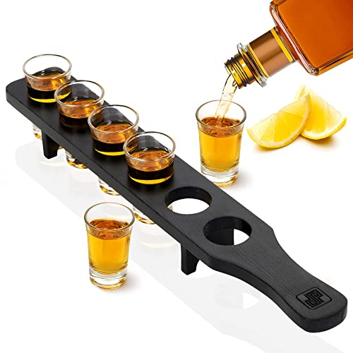 Don Paragone Shot Glass Holder Tray Bulk Set - Real Pine Wood Shot Board & 6 Pc Shot Glasses Set for Serving Drinks - Rustic Decor - Tequila Glasses with Wooden Tray for Restaurant, Bar, Party