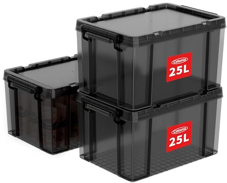 Cetomo 25L*3 Storage Boxes, Stackable Storage Box with Lids, Heavy-Duty Lidded Container with Reinforced Corners, Vertical Sides and Clip Closure, Durable, Plastic, Clear Black, 25L-3Pack