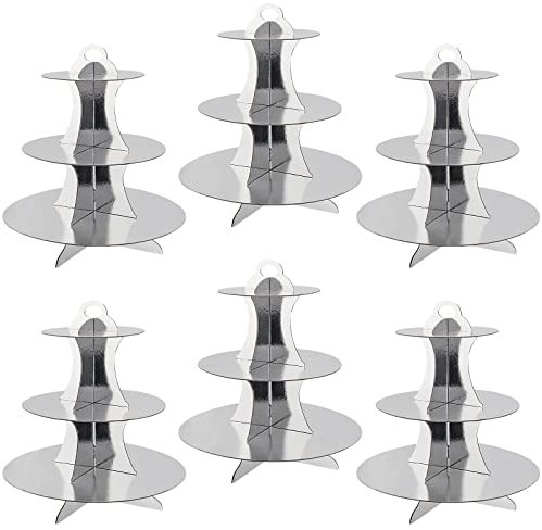 ZEONHEI 6 Pack 3 Tier Cardboard Cake Stand, Round Cardboard Cupcake Tower Holder, Silver Cupcake Display Stand for Birthday Party, Christmas Party, Wedding