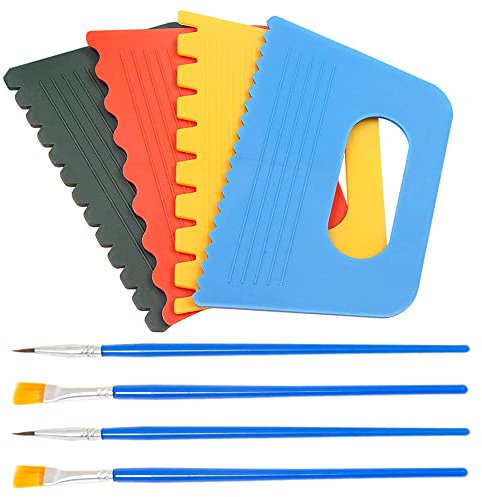 4 Pcs Plastic Scraper Tools with 4 Pcs Paint Brush Paint Scraper Tools DIY Line Graffiti Tools for Toddlers Kids Paint Crafts DIY Line Graffiti