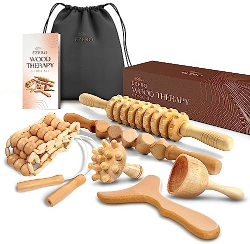 Ezero Maderotherapie Set 6-teilig – Professionelles Maderotherapie Holz Massage Set & Wood Therapy Massage Tools mit Faszienstab Holz – Für Lymphdrainage, Anti-Cellulite Massage und Körperformung