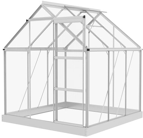 Outsunny 6 x 6ft Polycarbonate Greenhouse, Walk-In Greenhouse with Sliding Door, Adjustable Window, Aluminium Frame and Foundation, Garden Grow House with Rain Gutter, Silver
