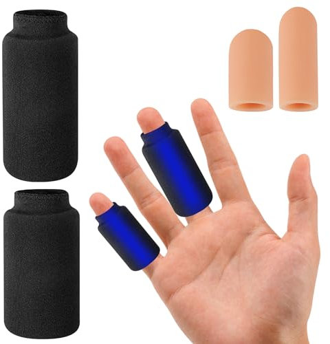 Finger Ice Sleeves, 2 Pcs Finger Cold Gel Ice Pack with 2 Pcs Silicone Finger Protectors, Finger Gel Sleeve Set, Reusable Cryotherapy Compression Sleeve for Finger Toe Injury Sprains Relieve Gout