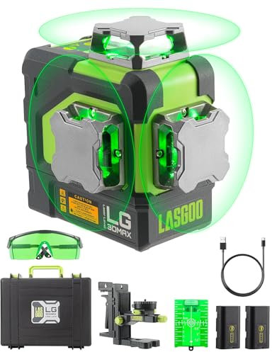LasGoo LG-3DMAX Niveau Laser 3x360° Vert, Laser Croisé Auto-Nivellant 3D, 2 Batteries Lithium Rechargeables, Adaptateur de Réglage, Lunettes et Étui Rigide