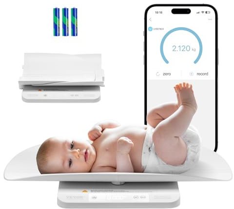 VEVOR Babywaage, intelligente Bluetooth-Babywaage, 2-in-1-Digitalwaage zum Wiegen mit abnehmbarer Ablage, Hold- & Tara-Funktion, 5 Einheiten für Kleinkinder, Haustiere, (3 x Batterien enthalten)
