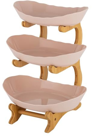 Obstschale für Küchentheke 3-Stöckige Beige Große Plastikfruchtschale Mit Holzrahmen, Robust und Langlebig, Kann für Obst, Snacks, Desserts, Kuchen Verwendet Werden