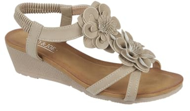 Jo & Joe Ladies Mid Heel Wedge Comfort Sandal with Glitzy Jewels and Elasticated Slingback Strap, Flexible sole sizes 4-8 (Beige 3, UK Footwear Size System, Adult, Women, Numeric, Medium, 6)