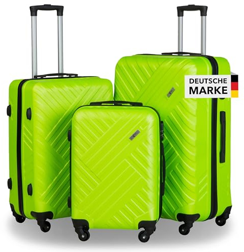 Xonic Design Reisekoffer - ABS Hartschalen Koffer mit 360° Leichtlauf-Rollen - hochwertiger Trolley mit Zahlenschloss in M-L-XL oder Set (Neon Grün, Set)