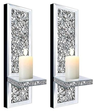 SERENA'S ® Elegant Silver Mirrored Candle Sconce with Scattered Diamond Accents – Wall-Mounted Glittering Decorative Candle Holder for Living Room, Bedroom, or Dining Room Home Decor- set of 2
