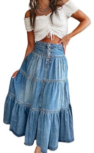 Womens Tiered Ruffle Long Denim Skirt Summer a Line Elastic Wiast Jean Maxi Skirt Western Cowgirl Skirt (01Blue, L)