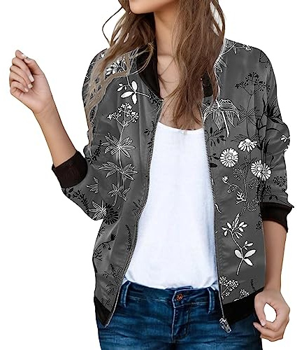 Bomber Donna Leggero- Giacca Donna Primavera Elegante- con Stampa Baseball Primaverile Elegante Giubbotto Slim Fit Giubbino Primavera Giubbino Estiva Giacca per Il Tempo Libero Giacchetto