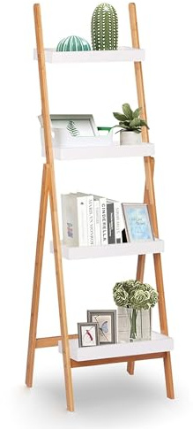 Estantería de Escalera Bambú con 4 Niveles, Estantería Decorativa con Baldas Blancas, Estante de Almacenamiento de Organizador Multifuncional, Ideal para Salón, Baño o Dormitorio, 45x35x145cm