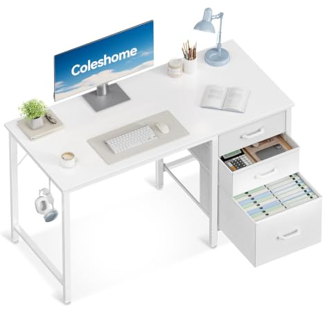 Coleshome Computer Desk with Drawers, 100cm Office Desk with Storage, White | Reversible Small Desk with Headphone Hook, Work Study Desk for Home Office, PC Desk for Gamers, Workers and Students