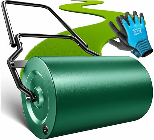 KESSER Rullo per prato, in metallo, riempibile con acqua o sabbia, con capacità di riempimento di 60 litri e larghezza 50 cm, rullo da giardino con guanti, rullo a mano, rullo per prato, rullo per