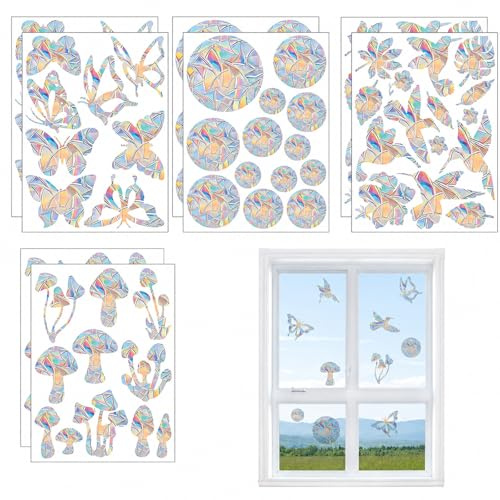 vinilos Ventana 3D Arcoiris 94 Piezas Pegatinas estáticas Anti colisión Aves PVC Reutilizable Multicolor decoración hogar Cristal Puerta jardín protección pájaros Mariposa círculo 30x22cm