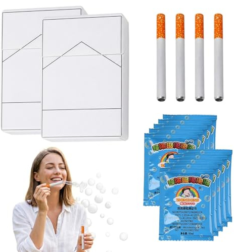 KSJEHW Pack de 2 Juguetes de Burbujas con Diseño de Caja Creativa, Cigarrillos de Burbujas para Alivio del Estrés, Incluye 2 Varitas y 5 Líquidos de Pompas, Pomperos Originales para Regalo y Fiestas