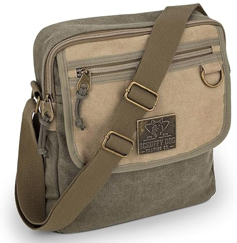 SCRUFFY DOG Canvas Messenger Bag for Men and Women with Adjustable Strap - Crossbody Satchel Small 11 inch, Khaki