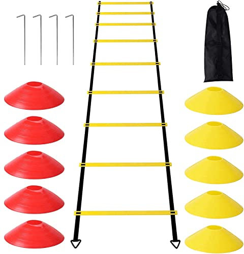 YSBER Agility Ladder Football Training Equipment Set 6M-12-Heavy Plastic Ladder,10 Disc Cones and 4 Nail, Used for Football, Tennis and Boxing Training