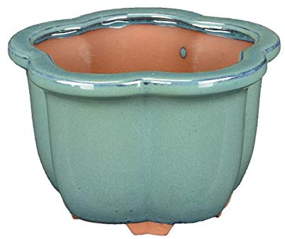Vaso per bonsai rotondo (forma a fior di loto) in gres smaltato verde 9,5x9,5x7 cm - YM1b