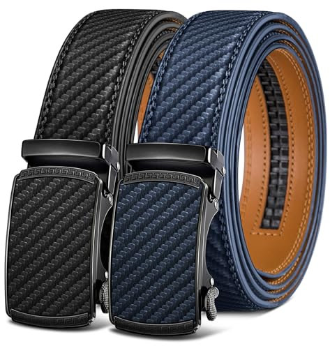 KEMISANT Gürtel Herren 2er, Gürtel Ratsche Automatikschließe Ledergürtel für Herren Verstellbar 35mm Breit mit Geschenkbox(Schwarz/Purpurblau-125cm/36-42 taille verstellbar)