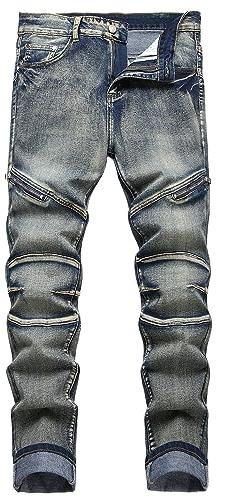JUNBAOSS Men's Skinny Slim Fit Ripped Distressed Stretch Jeans Pants Mens Destroyed Straight Fit Moto Biker Jeans with Zipper Deco, Nostalgic 6804, Size 40