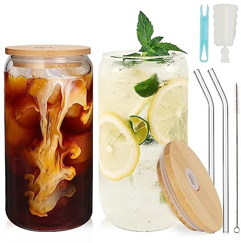 UHAPEER Lot de 2 Verres à Boire avec Couvercles, 550ml/19oz Verre Avec Paille, Réutilisables verres à long drink canettes En forme de canette, Pour café, mojito, soda, matcha, bière
