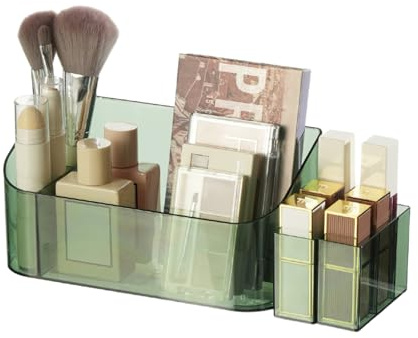 SUNFICON Makeup Tray Holder Organizer Cosmetic Display Case Tabletop Desktop Vanity Countertop Bathroom Wall Cabinet Medicine Storage Box 9 Dividers 2 Removable for Womens Ladies Girls Crystal Green