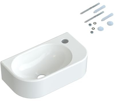 Waschbecken Keramik Waschtisch Hängewaschbecken klein Handwaschbecken Weiß Oval 40 x 21 cm Badezimmer Gäste WC Hahnloch Rechts mit Stockschrauben | OHNE Überlauf | OHNE Wasserhahn | OHNE Ablaufventil