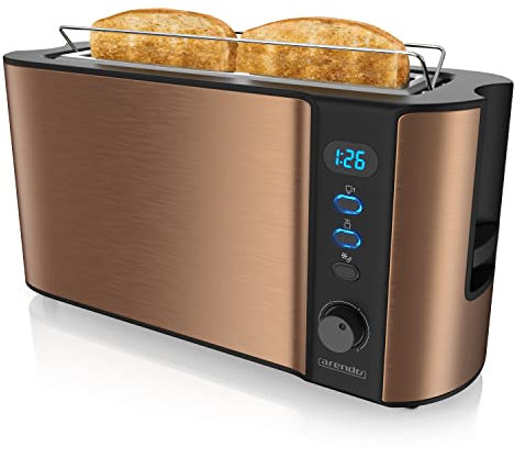 Arendo - Grille-Pain Automatique 2 fentes - Grille pain fente longue – Design Moderne - 1000W - 6 niveaux réglable - fonction décongélation - réchauffe viennoiseries plateau à miettes – Toaster Cuivre