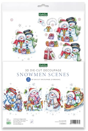 Katy Sue Snowmen Scenes Die Cut Decoupage Pack. 12 Pre-Cut Decoupage Paper Sheets for Christmas Card Making Supplies Featuring Images of Snowmen, Card Toppers, & Sentiments