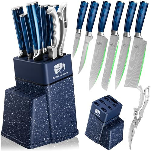 FULLHI Set de 8 couteaux de bloc, Set de couteaux de chef avec bloc et ciseaux, Set de couteaux de cuisine en acier inoxydable, Manche multicolore, Cadeaux pour hommes femmes (Résine bleue)