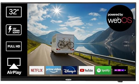REFLEXION LDDX32IBT-Black Smart LED Fernseher 32 Zoll / 80cm, LG webOSHub, Wohnwagen/Wohnmobil/Camping/Caravan/Boot/LKW TV, Slimline, 12/24/230 Volt, Full HD, Triple Tuner, Bluetooth, WLAN, DVD-Player