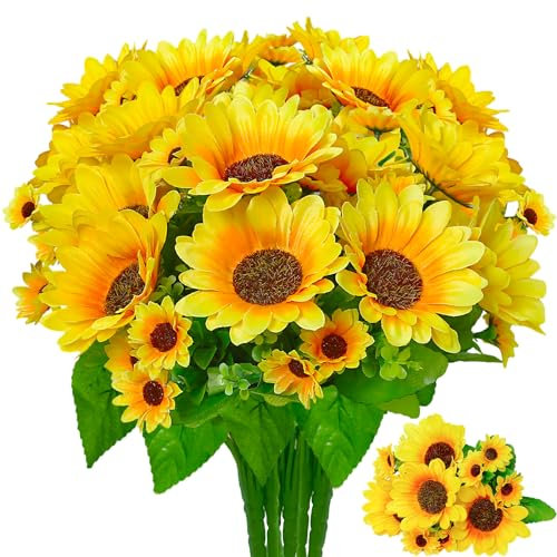 Kinisty 4 Packs Artificial Sunflower Large Silk Fake Flowers Bouquets Decorative Yellow Faux Plastic Fall Flowers and Plants for Indoor Outdoor Garden Window Box Decoration
