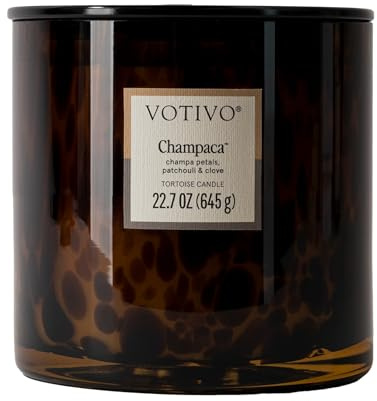 Votivo Champaca Tortoise Scented Candle | 22.7 oz Soy Wax Blend | Patchouli Scent | Decorative Home Decor Tortoiseshell Pattern | 100 Hour Burn Time