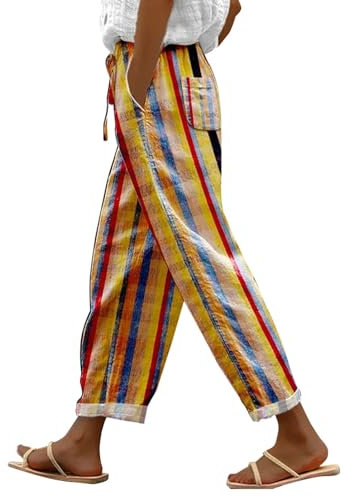 Vintage Hose Damen Damen Hose mit Elastischer Taillegerades Bein Weisse Hosen Damen Weiße Leinenhose Sommerhose mit Gummizug Damen Hose Weiß Damen Elegante Hose Damen Festlich Boho Style