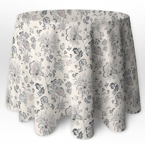 LaFábricadelasTelas - Falda o Ropa de Mesa Camilla Redonda Flores Jardin Color Gris y Beige, Fondo Crudo. Primavera Verano Loneta Estampada algodón, Faldón Faldilla enagüilla (70 Redonda)