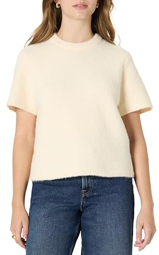 Amazon Essentials (Demi's Pick) Women's Relaxed-Fit Faux Mohair Short Sleeve Sweater Top, Cream, Small