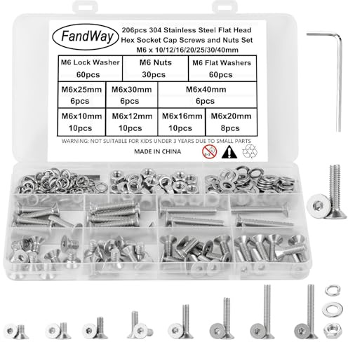 FandWay Juego de tornillos M6, 206 tornillos de cabeza avellanada con hexágono interior, tornillos de cabeza plana, tornillos hexagonales de acero inoxidable 304, tornillos de máquina tuercas y