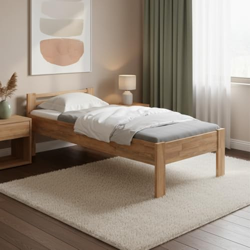 skølm Fenrir Massivholzbett 90x200 cm – Einzelbett aus Eiche – Seniorenbett mit erhöhtem Einstieg – Holzbett Natur geölt – Bettgestell 51cm hoch – Bettrahmen aus Holz mit Bettkopf – Bett 90x200 cm