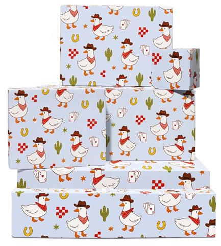 Papel de regalo divertido – 6 hojas de papel de regalo de pato vaquero para hombres, mujeres, niños, amigos, fiesta de cumpleaños, Navidad, tarjetas de juego de cactus occidentales, sombreros impresos