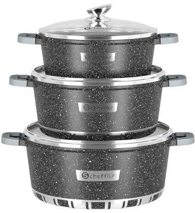 Kochtopf Set Scheffler Topfset Induktion 6-teilig,24/28/32cm Töpfe Set mit Glasdeckel,Antihaftbeschichtung,für alle Herdarten