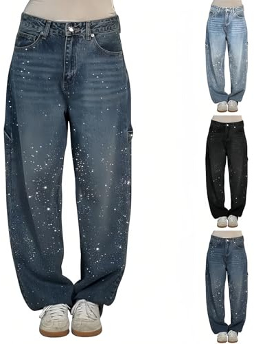PAIDAXING Jeans a barile da donna UK Suquin Strass Vita media Bassa Jeans larghi Gamba Larga Glitter Oversize Harem Pantaloni da donna Plus Size Spaekly Y2K Boyfriends Denim Pantaloni con tasche