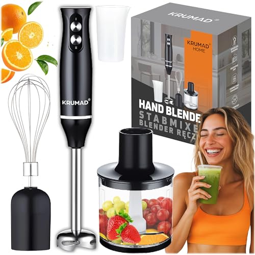 KRUMAD Elektrische Stabmixer Set 1200W – Hand Blender mit Edelstahlstab, Zerkleinerer, Schneebesen & Messbecher – Leistungsstarker Pürierstab – Küchenmixer für Smoothies, Suppen & Soßen