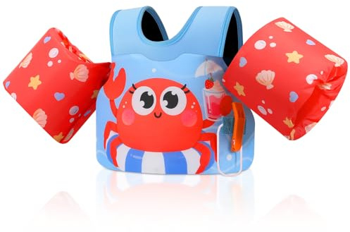 MoKo Gilet de Bain pour Enfants 20-50 lbs, Brassard de Natation avec Sangle Réglable, Gilet de Natation, Veste de Natation Flottant, Équipement de Natation pour Piscine, Bleu & Crème Glacée et Crabe