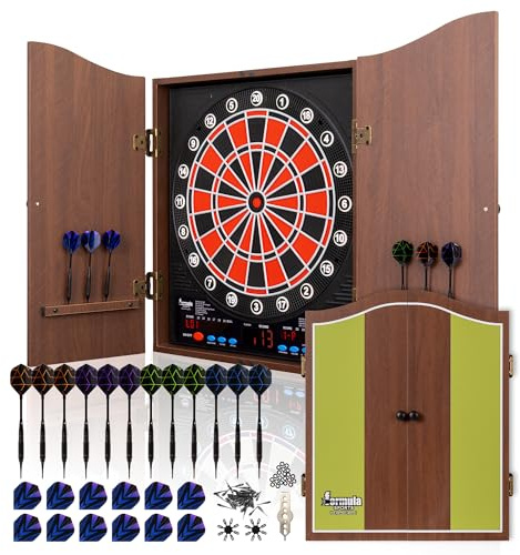 Electronic Soft Tip Dartboard with Wood Cabinet, 13.5 in Target, 34 Games 355 Variations for Maximum 8 People, 12 Darts and All Accessories Included (Green)