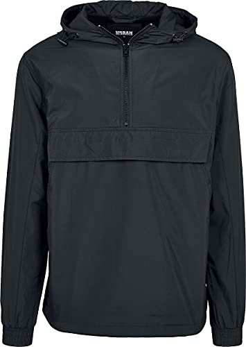 URBAN CLASSICS Veste Coupe-Vent de Mi-Saison pour Homme, Poche Kangourou, Poignets Élastiques, Capuche et Taille à Cordons, Col Zippé, 100% Polyester, Noir, Taille S