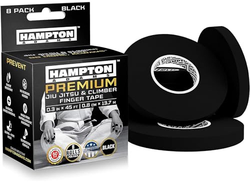 Hampton Adams | As Seen on Shark Tank | Pro Finger Tape (8-Pack) | for BJJ Bouldering Crossfit Weightlift | Non-Slip Extreme Quality No-Fray Climbing Tape | Extended Wear Super Strong Adhesive (Black)