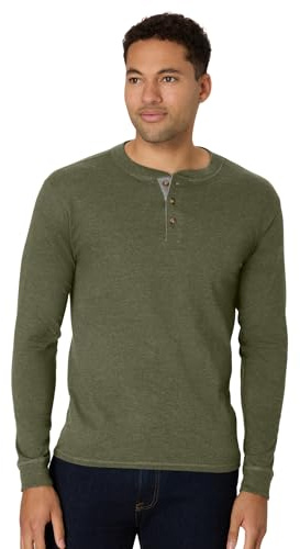 Hanes Men's T Beefyt Henley Cotton Long Sleeve Shirts, Camouflage Green HTR, Large