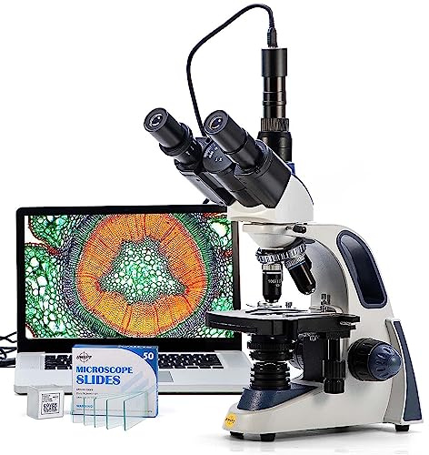 Swift Microscopio trinocular compuesto SW380T, aumento 40X-2500X, etapa mecánica de dos capas, con cámara de 5.0 MP y software compatible con Windows/Mac y 100 diapositivas en blanco
