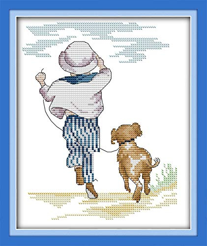 11CT Juego de bordado de punto de cruz, tela impresa, 27 x 35 cm, para manualidades, bordado, artículo DMC, bordado, para niñas, manualidades, artículo bordado, un niño y su perro